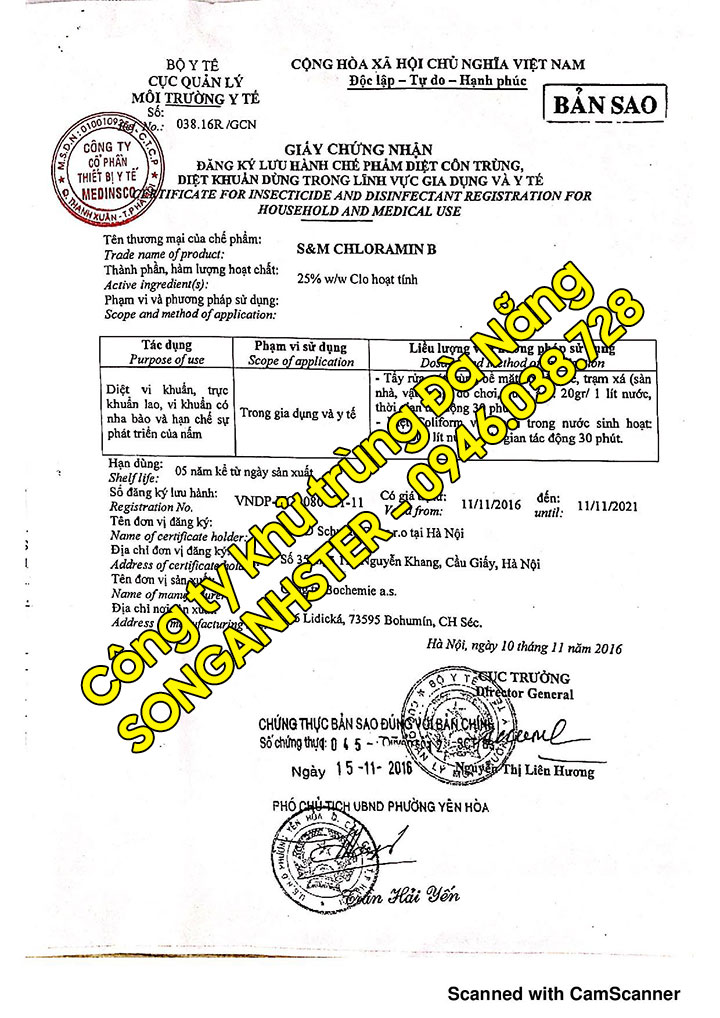 Chứng nhận đăng ký lưu hành Cloramin B của Bộ Y Tế